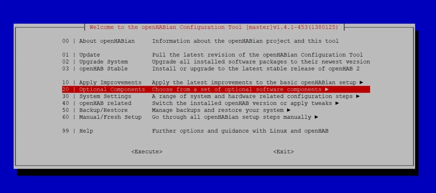 4. In the optional components menu find NodeRED and press Enter. The installation of Node Red wil now start.