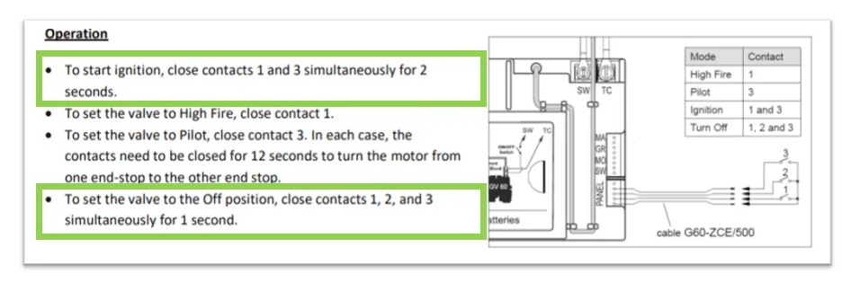This manual shows that if I want to ignite the fireplace I need to close the contact 1 and 3 for two seconds.