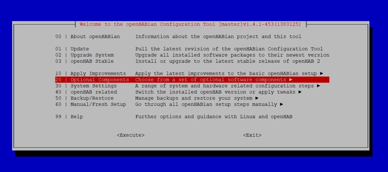 4. In the optional components menu find NodeRED and press Enter. The installation of Node Red wil now start.