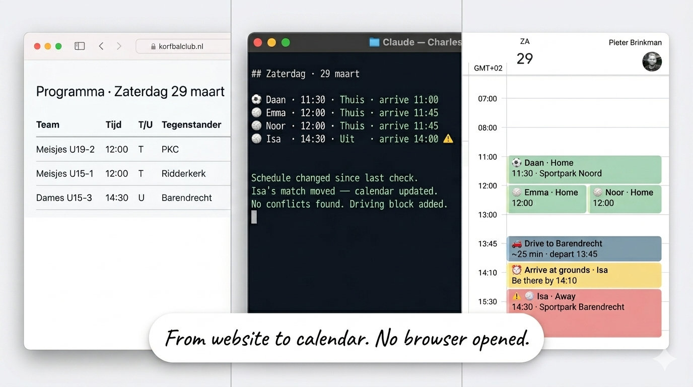 Three-panel hero showing a korfbal schedule website, Claude terminal with Saturday plan, and Google Calendar with color-coded events